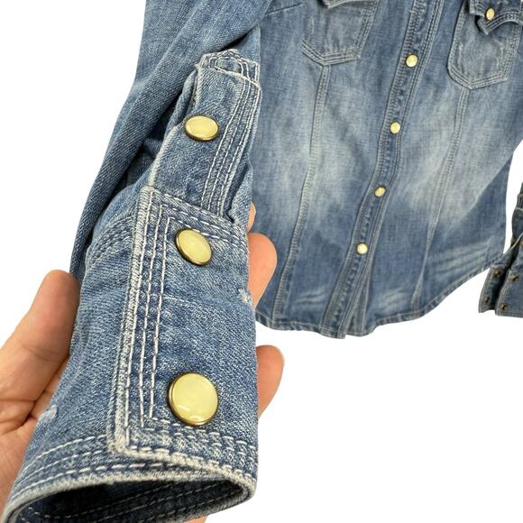 Mono b Southwestern Pearl snap Denim Shirt Colorful woven Accents Wom size small - Picture 4 of 12